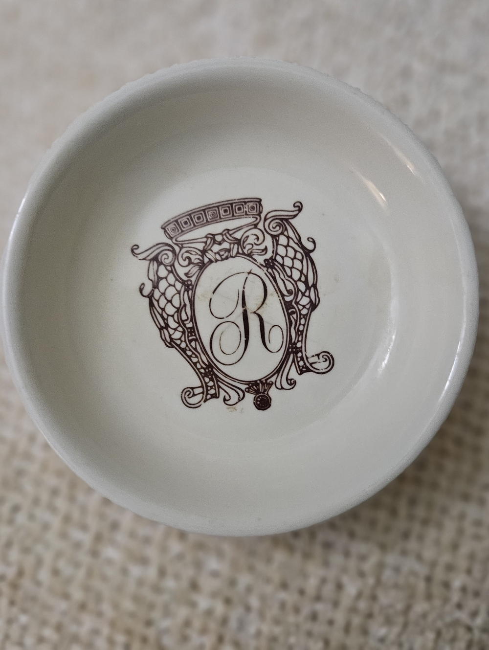 Regency Hotel White Ceramic Trinket Dish/ Butter Pat/ Ashtray with Brown Crest.